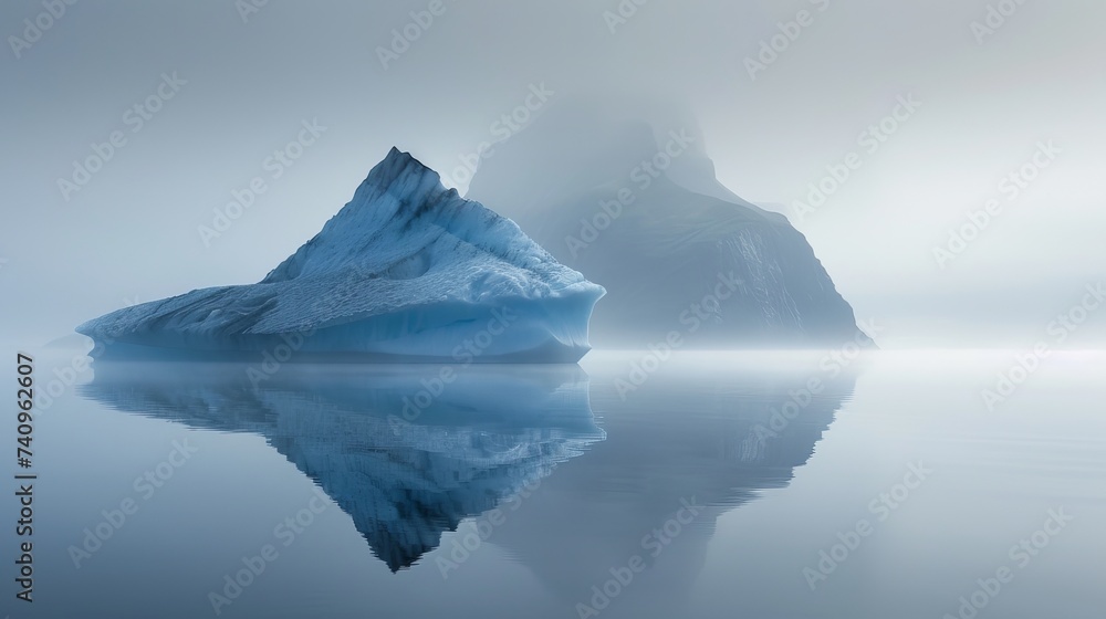 The sea mirrored a blue iceberg, and mountains emerged from the mist. Joekulsarlon, glacial lagoon, Europe, Scandinavia, Iceland The sea mirrored a blue iceberg, and mountains emerged from the mist. Joekulsarlon, glacial lagoon, Europe, Scandinavia, Iceland