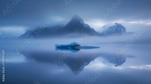 The sea mirrored a blue iceberg, and mountains emerged from the mist. Joekulsarlon, glacial lagoon, Europe, Scandinavia, Iceland photo