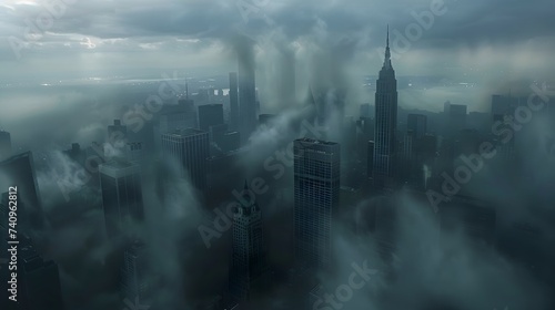 Top view of New York skyline in cloudy day. Skyscrapers of NYC in the fog. Stunning and magnificent view of famous city. digital art 