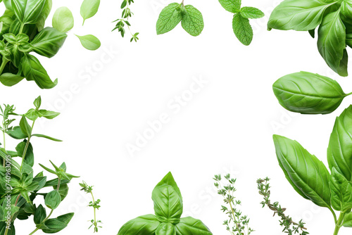 Falling basil leaves on a transparent white background.