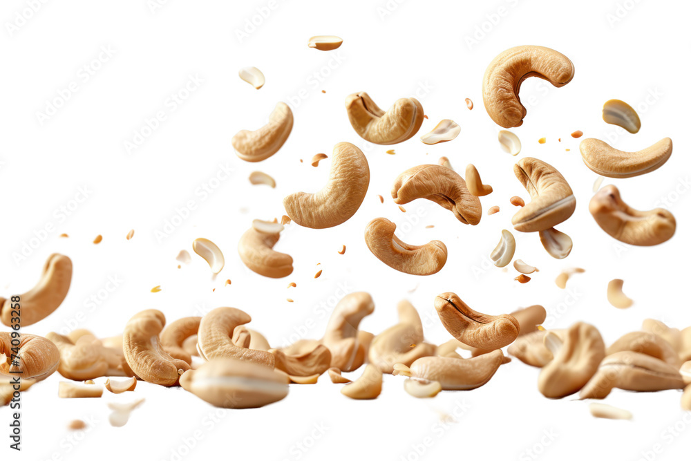 Falling cashew nuts on a transparent white background. Falling cashew nuts on a transparent white background.