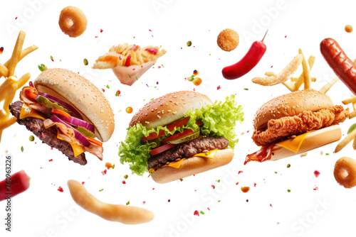 Floating Burger Flying fast food isolated on transparent white abstract background.