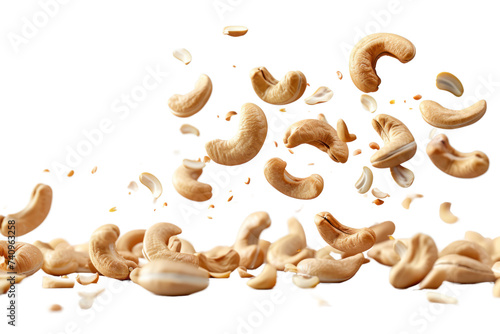 Falling cashew nuts on a transparent white background.