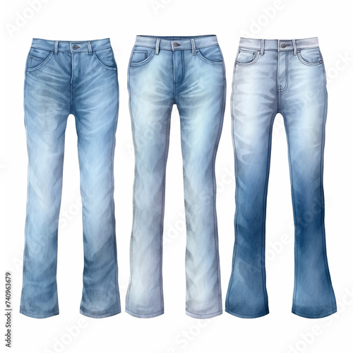 set of women's jeans, without a man, with rolled up sleeves, loose. painted with watercolor сreated with Generative Ai