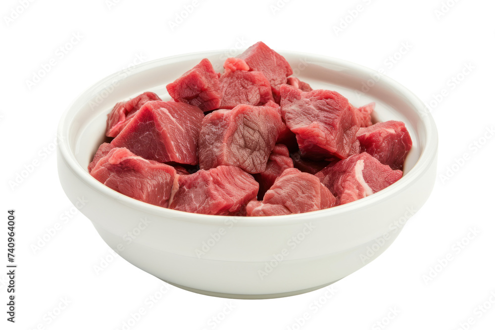 Raw meat in a white ceramic bowl Isolated protein, transparent background. Raw meat in a white ceramic bowl Isolated protein, transparent background.