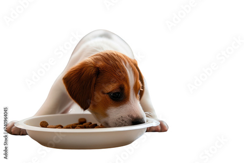 Dog eats dry food from a bowl Puppy eating food isolated on transparent background. photo