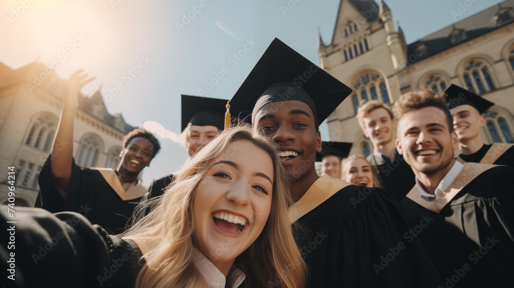 Obraz premium Group of students stands in front of the university building on graduation day. The first step of successful in adult life. Cheerful graduates pose for a selfie.