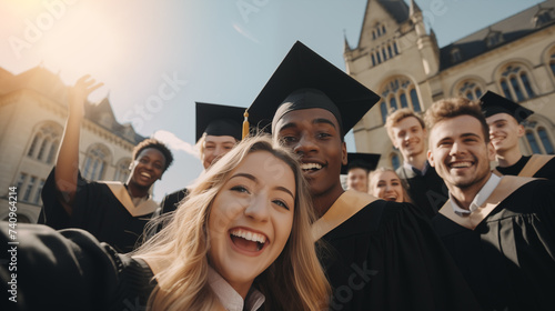 Group of students stands in front of the university building on graduation day. The first step of successful in adult life. Cheerful graduates pose for a selfie. photo