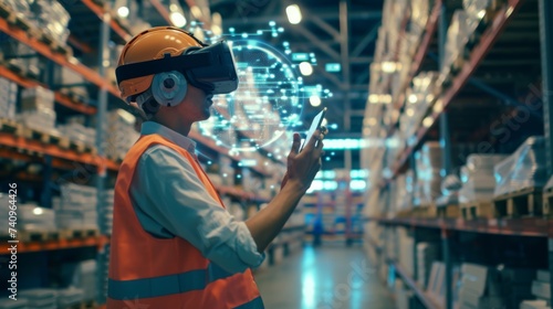 a warehouse worker uses an tablet and a VR headset in a large warehouse with numerous floating data points overlayed 