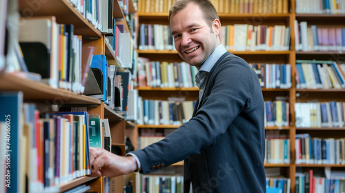 Male reader smiles in a library