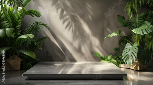 Modern Marble Product Display Stand with Tropical Leaves and Natural Light Shadows.