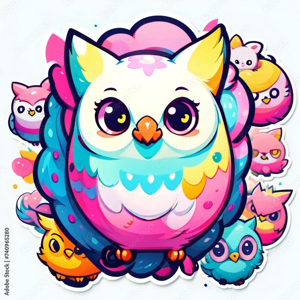 Colorful cartoon illustration of a cute owl surrounded by smaller owls with vibrant hues and playful expressions.