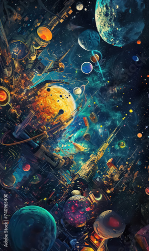 surreal cosmic collage with planets, stars, nebulas and galaxies, far alien world in style of abstract, dreamlike colorful universe 