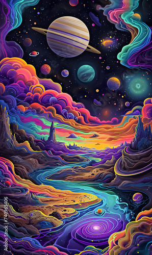 surreal cosmic collage with planets, stars, nebulas and galaxies, far alien world in style of abstract, dreamlike colorful universe 