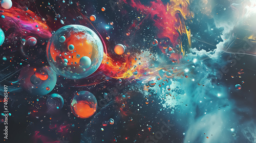 surreal cosmic collage with planets, stars, nebulas and galaxies, far alien world in style of abstract, dreamlike colorful universe  photo