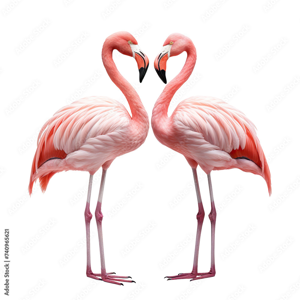 Fototapeta premium Gracefully standing two elegant pink flamingos, cut out