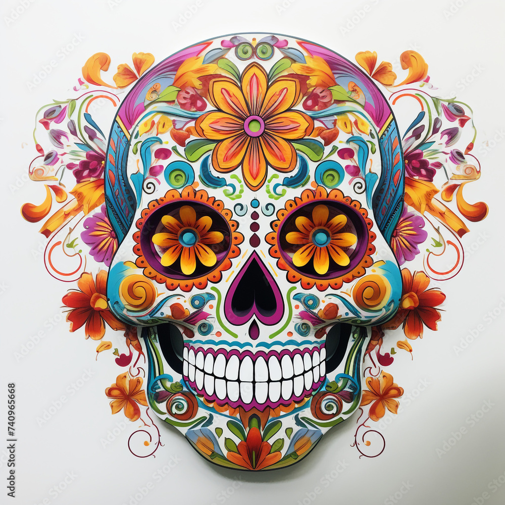 a sugar skull with vibrant colors and intricate details in white background сreated with Generative Ai a sugar skull with vibrant colors and intricate details in white background сreated with Generative Ai