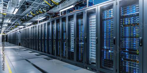 Banner with data center with multiple rows of operational server racks. Modern telecommunications, cloud computing, artificial intelligence, database concept.	