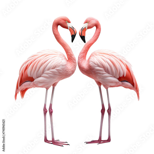 Gracefully standing two elegant pink flamingos, cut out