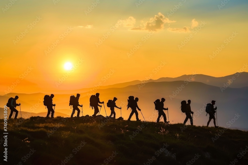 a mountain Group of hikers walks at sunset sunrise, people help each other hike up a mountain - obrazy, fototapety, plakaty 