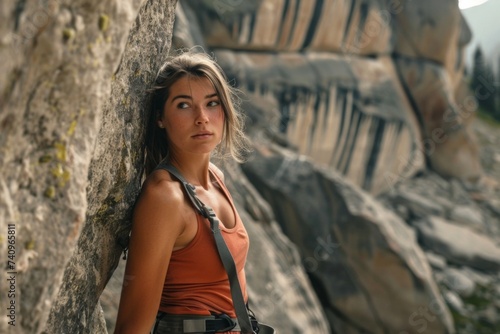 A Climber woman stands in front of a large stone rock outdoors