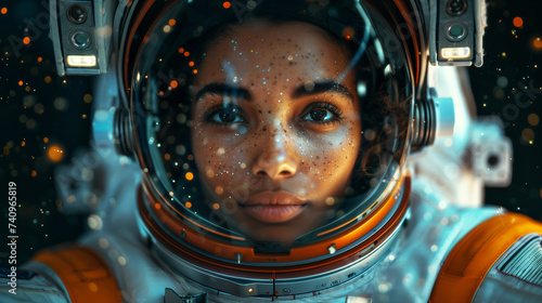 Face of a beautiful woman astronaut in a spacesuit, floating in space in zero gravity as she looks to the stars.