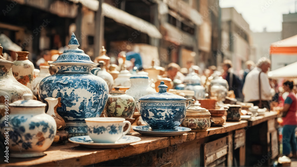 Chinese porcelain urns, coffee cups on the counter of sellers in Sunday flea market. Generative AI illustration. Chinese porcelain urns, coffee cups on the counter of sellers in Sunday flea market. Generative AI illustration.