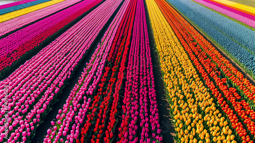 beautiful colorful tulip field in Netherlands, vibrant and vivil flowers garden outdoor in Holland aerial view