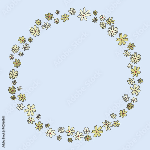 Circled (rounded) frame, made of many flowers. Calm colors and shades.