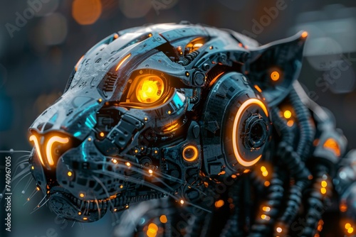 Wild cyborg robot creature jaguar shaped with glowing eyes