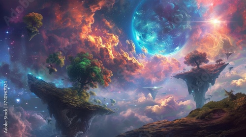 Vibrant floating islands with lush, colorful trees defy gravity in an otherworldly cosmic space, creating a scene from a fantastical dream. Resplendent. photo