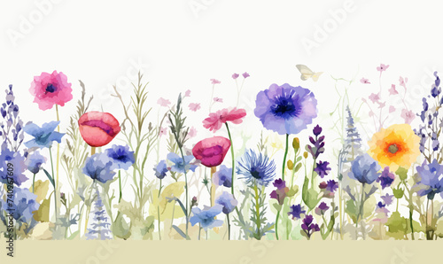 Seamless floral border with colorful abstract flowers and leaves  spring background  banner  design element for greeting cards  invitations. Vector illustration. --ar 5 3 --v