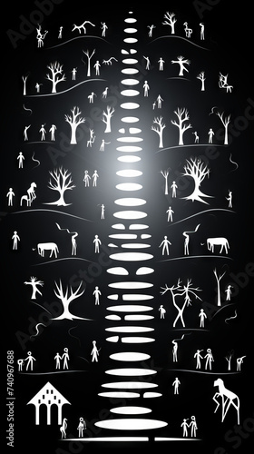 Symmetrical Black and White Evolutionary Tree of Life Illustration