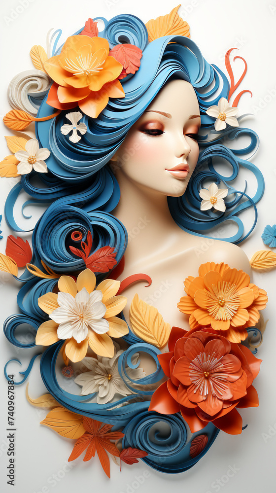Elegant Paper Art of a Woman with Floral Hair Design


