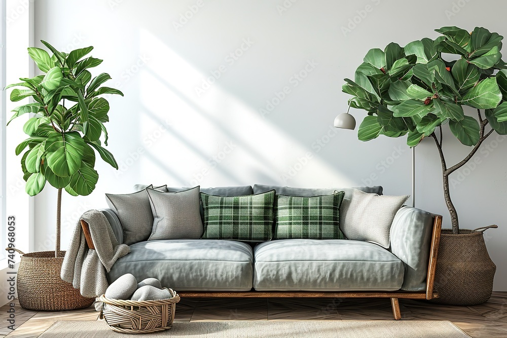 Living room interior with gray velvet sofa, pillows, green plaid, lamp and fiddle leaf tree in wicker basket on white wall background. 3D rendering - obrazy, fototapety, plakaty 