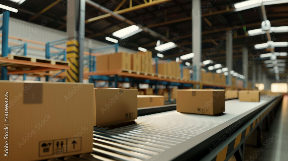 Warehouse Logistics, Conveyor Belt with Shipping Parcels Warehouse Logistics, Conveyor Belt with Shipping Parcels