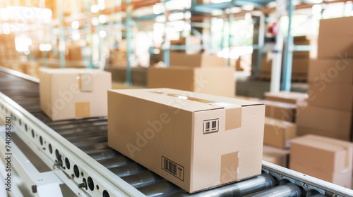 Conveyor Belt System, Shipping Boxes in Warehouse