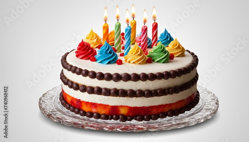 A vibrant layered birthday cake adorned with multicolored icing and lit candles, ready for celebration.