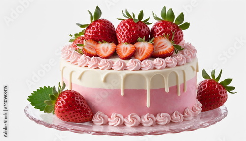 Elegant Strawberry Cream Cake Decorated With Fresh Strawberries and Candles on a Plate.