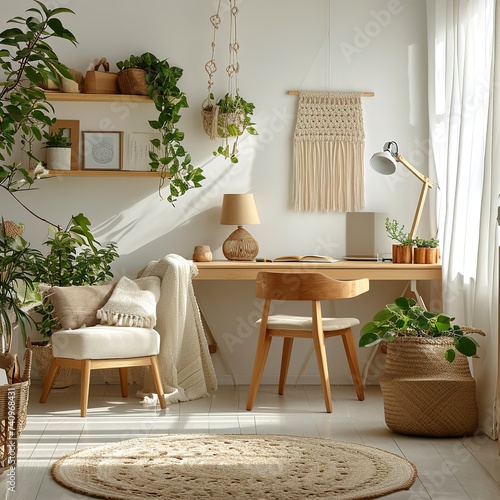 Minimalistic boho interior with design and handmade macrame shelf planter hanger for indoor plants  wooden desk  armchair  lamp  white cube and elegant accessories. Stylish home decor. White walls.