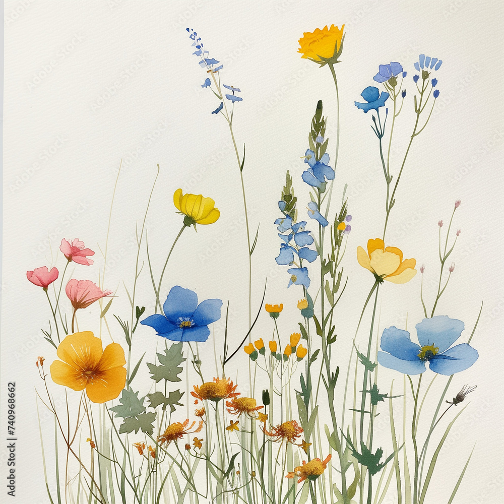 Close up field of watercolor wildflowers on white isolated background