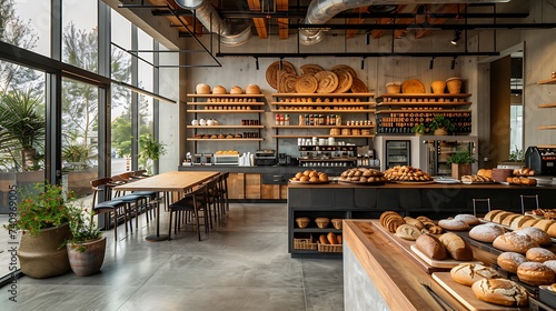 Artisanal bakery themed office with cafe seating and freshly baked goods, large, scale workplace design photo