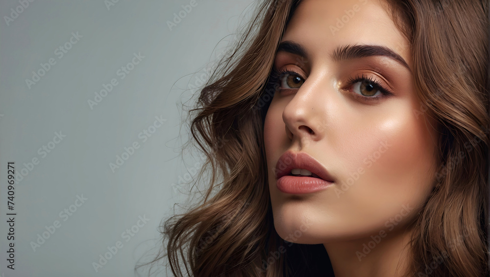 Fototapeta premium Close up portrait of a beautiful woman with glowing face. Beauty product commercial photo, glamorous portrait, Generative AI