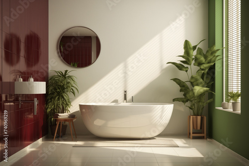 Full of sun light white minimalistic bathroom, green and burgundy interior elements