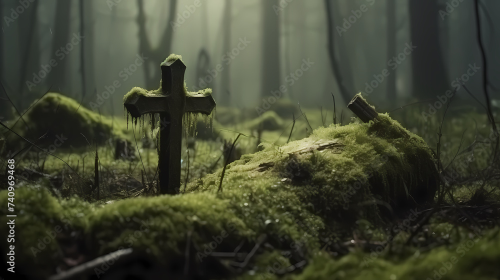 A miniature scene depicting the Resurrection with a cross on a mossy hill A miniature scene depicting the Resurrection with a cross on a mossy hill