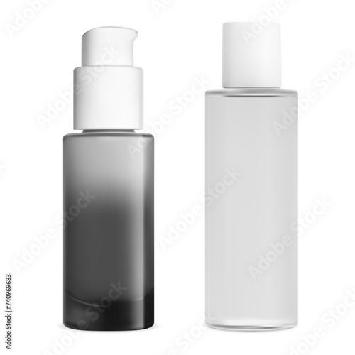 Cosmetic toner bottle. Clear skin face lotion mock up. Realistic serum moisturizer essence jar. Transparent airless pump bottle for foundation cream or lotion
