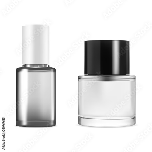 Nail polish glass bottle mock up. Fingernail manicure enamel product. Transparent gel base bottle blank, vector illustration. Colorless lacquer container, isolated round cylinder pack