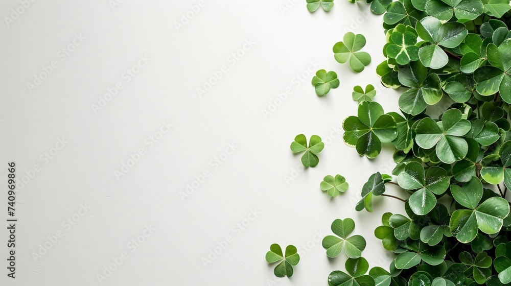 Fresh green clover leaves on white background, banner design. St. Patrick's Day, Clover leaf Background With White space for copy space . Ai Generated Fresh green clover leaves on white background, banner design. St. Patrick's Day, Clover leaf Background With White space for copy space . Ai Generated
