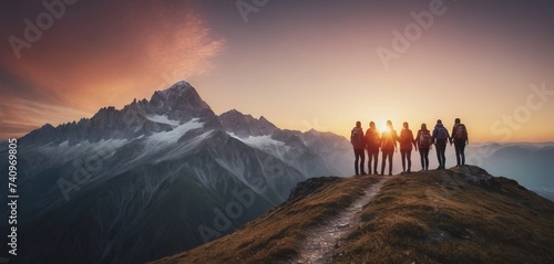 Panoramic view of team of people holding hands and helping each other reach the mountain top in spectacular mountain sunset landscape © Riko Best