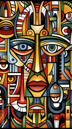 Colorful Abstract Cubist Painting of Human Faces  